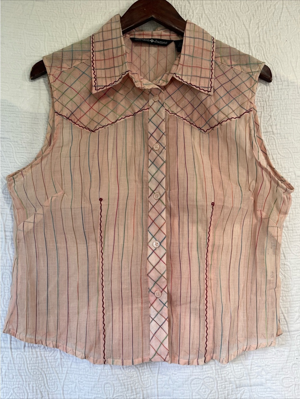 Vintage Gordon James Deadstock Women L Sheer Stripe Western Cotton Top Pink New